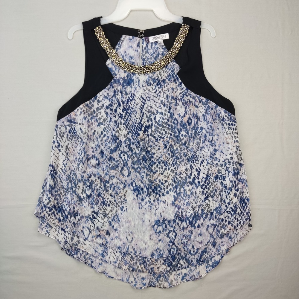 Jennifer Lopez Blouse Women 0X Blue Snakeskin Beaded Neck Sleeveless blouse